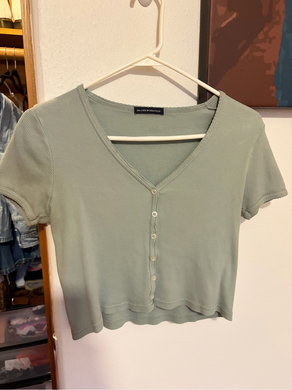 Brandy Melville Light Sage Ribbed Button-Front Cropped Tee